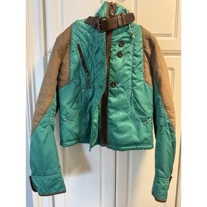 Rare System 1990 Fur Hooded Jacket Green Leather Trimmed Small Woman